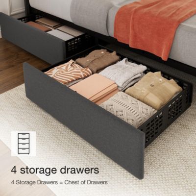 Full Linen Upholstered Platform Bed Frame with 4 Storage Drawers