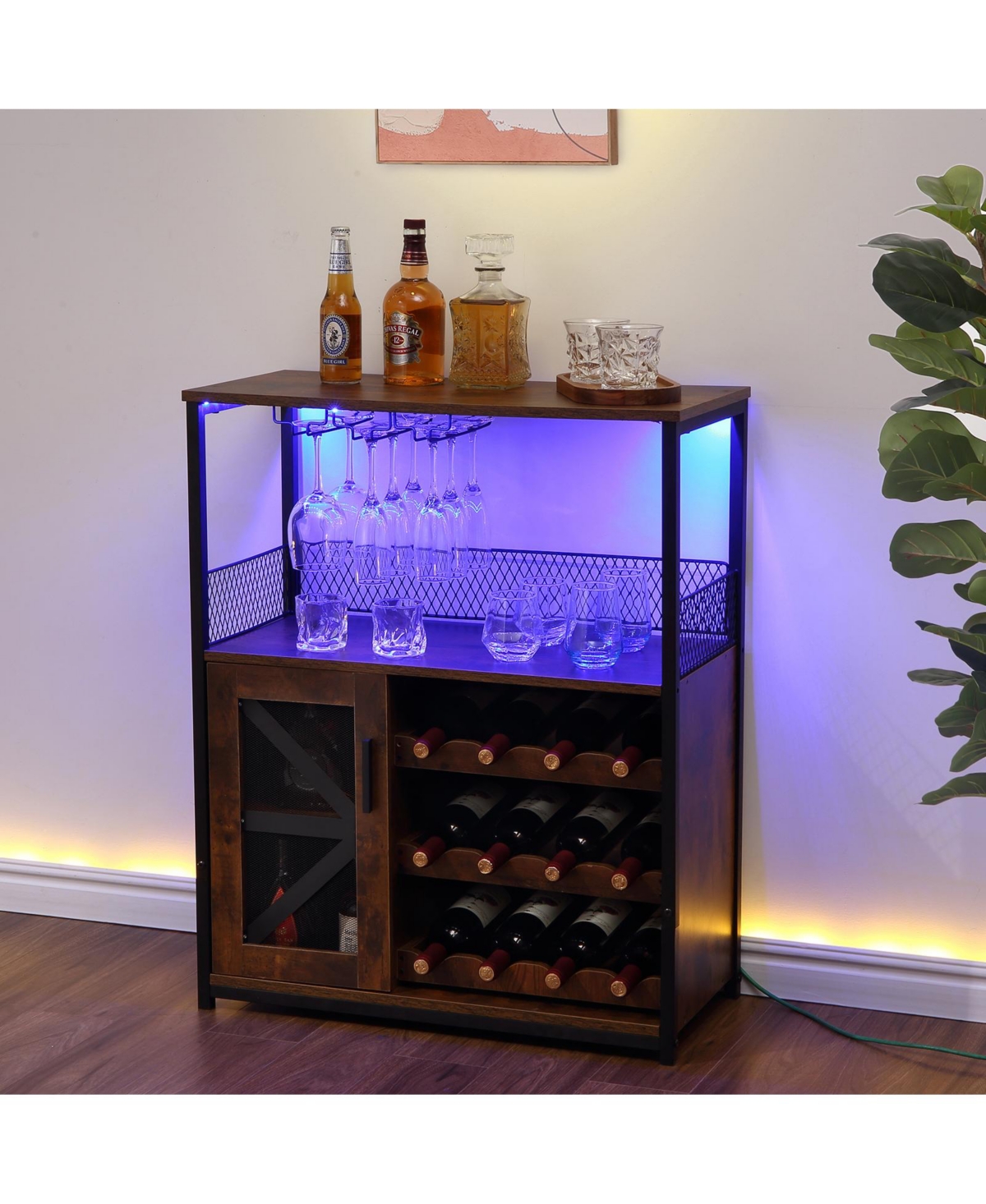 gaomon Bar Cabinet with Storage Shelf, Wine Cabinet with Light String, Glass Holder, and Buffet Mesh Door, Kitchen Sideboard Buffet Sidebo