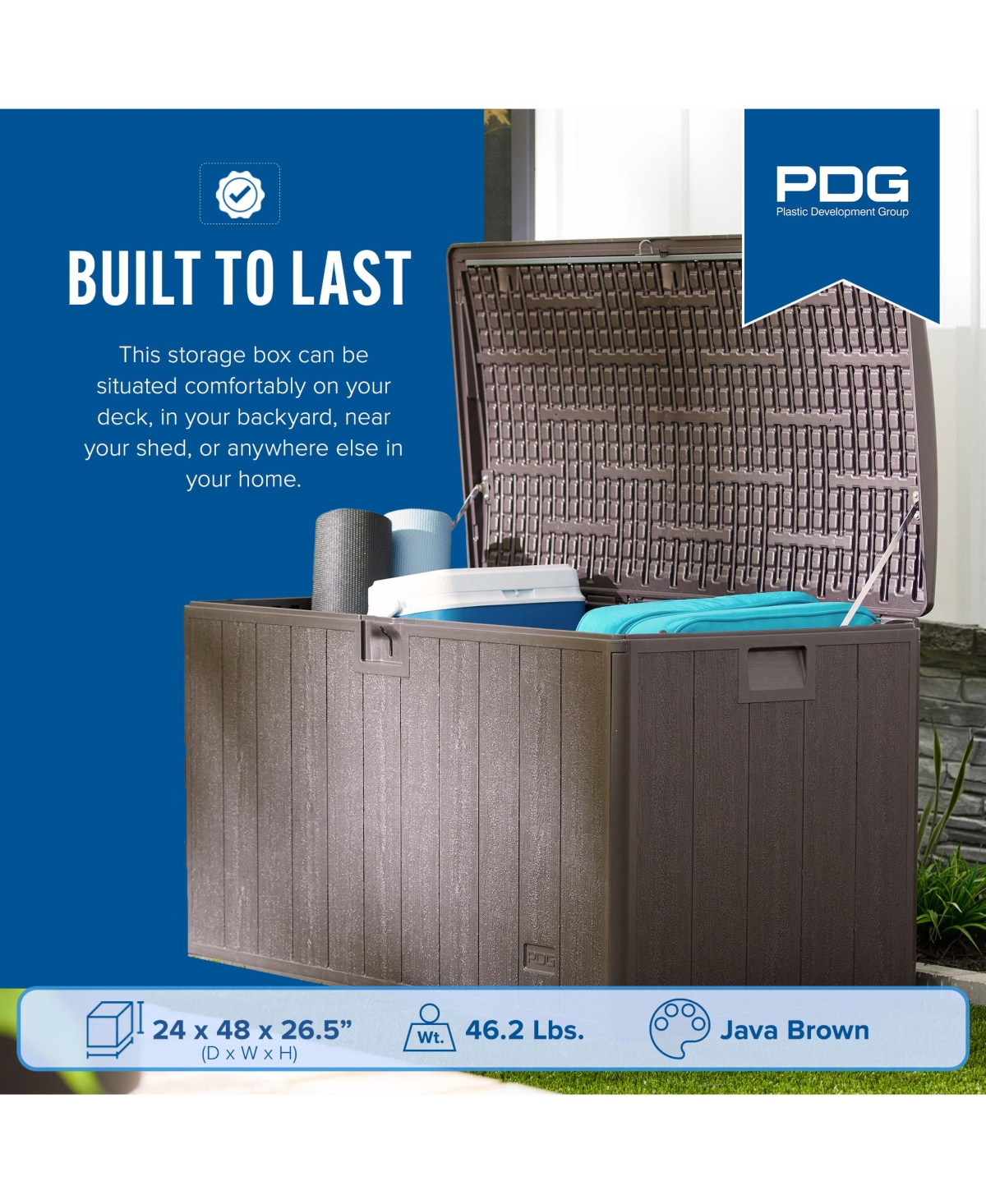 Plastic Development Group 105-Gallon Resin Outdoor Storage Deck Box,- Java brown