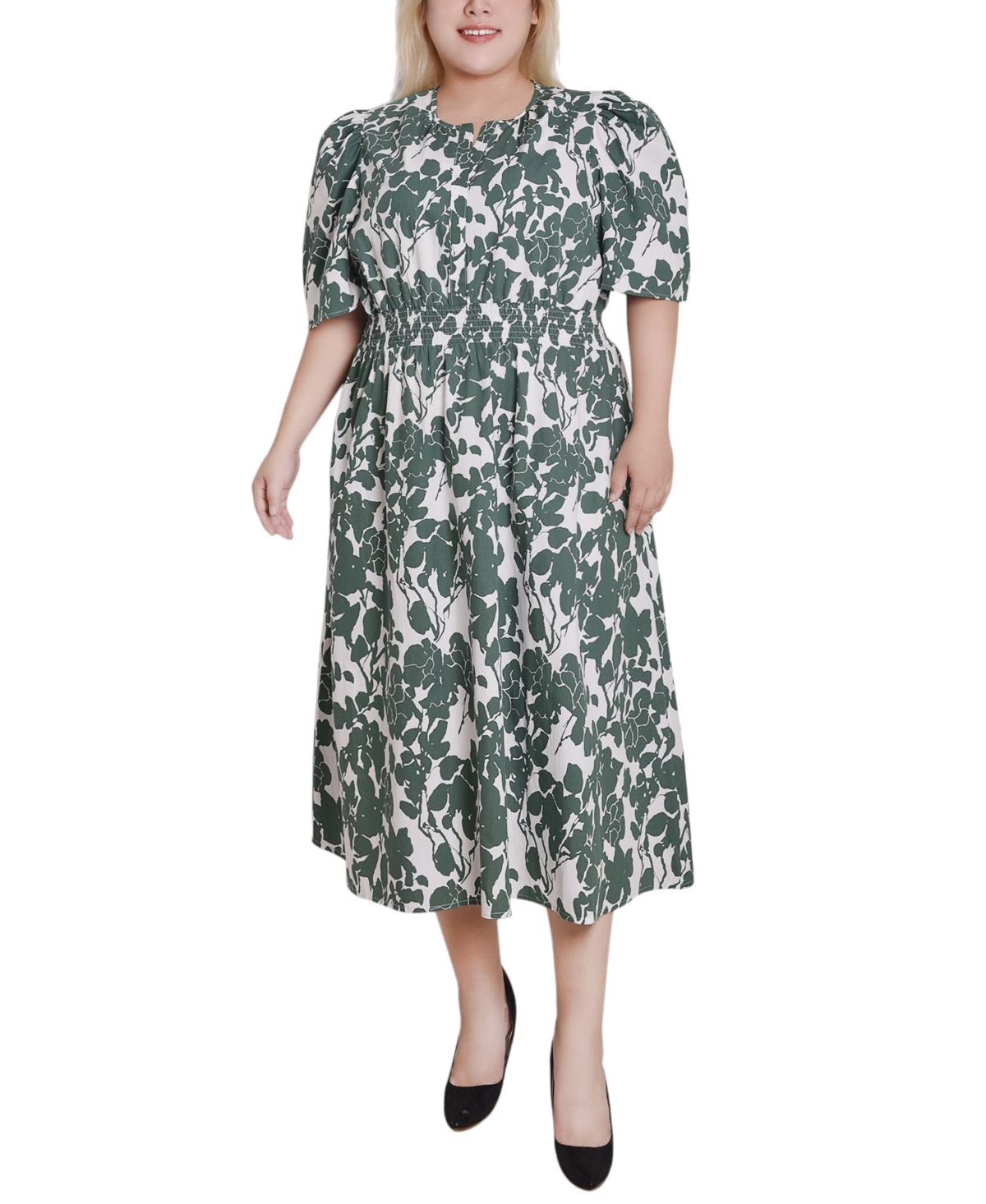 Ny Collection Plus Size Puff Sleeve Poplin Dress In Green Ivory Floral