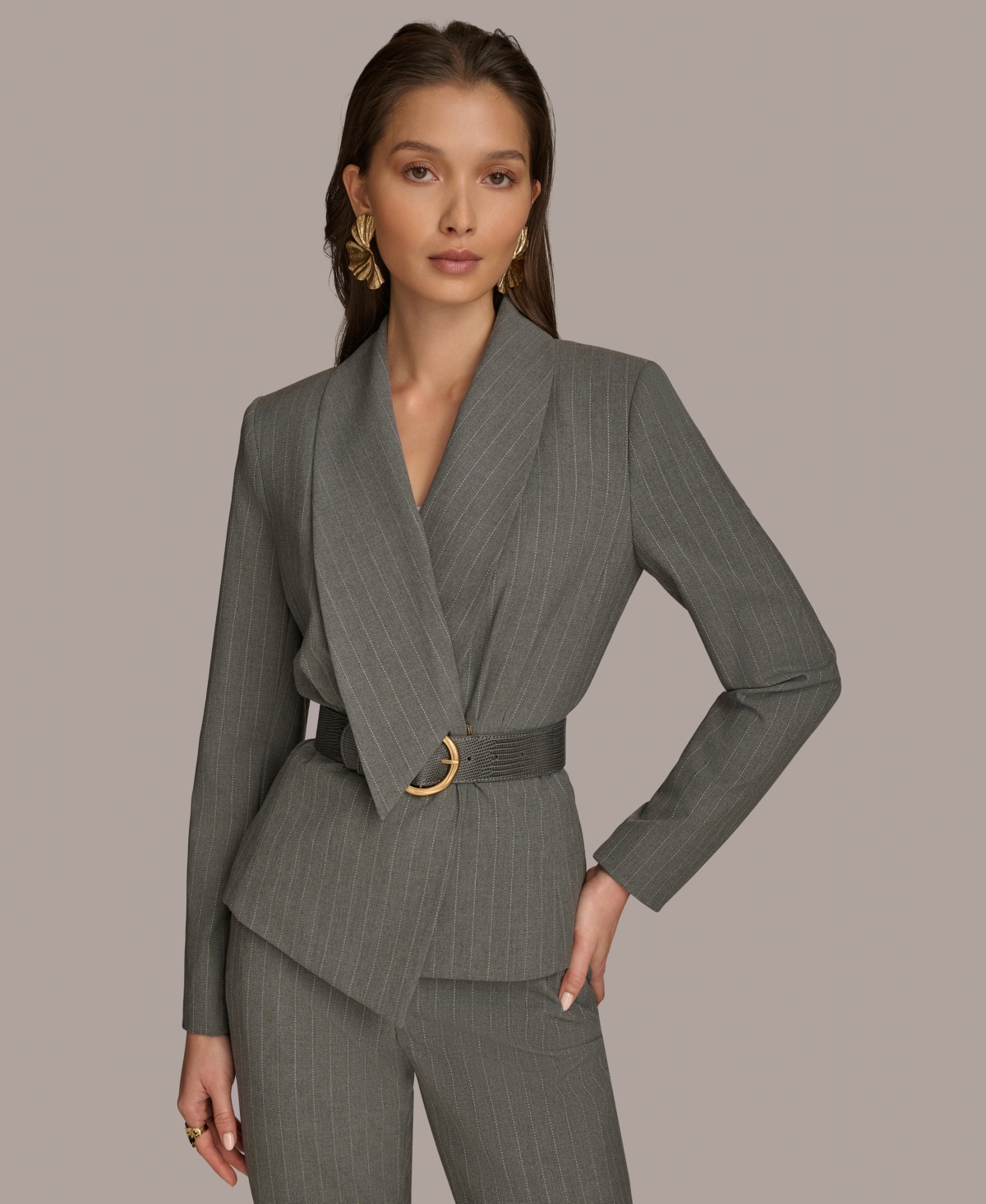 Women's Belted Pinstripe Jacket - Arctic Frost/ivory