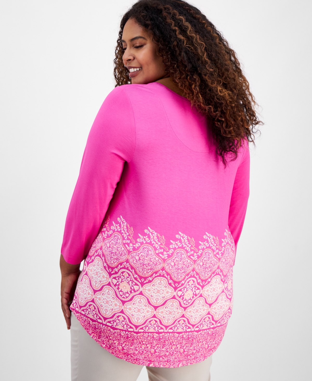 JM COLLECTION PLUS SIZE PRINTED 3/4 SLEEVE TOP, EXCLUSIVELY AT MACY'S 