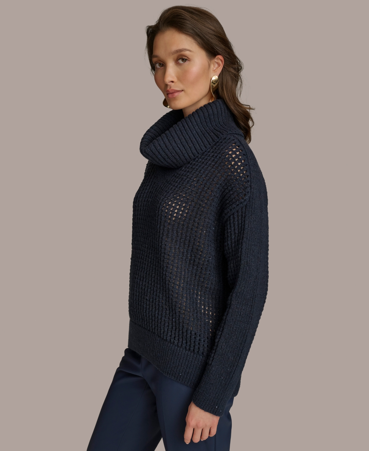 Shop Donna Karan Women's Cutout Sequin Turtleneck Sweater In Nightfall