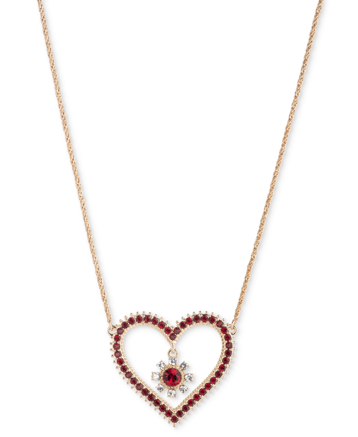 MARCHESA GOLD-TONE RED & WHITE CRYSTAL HEART PENDANT NECKLACE, 16" + 3" EXTENDER 