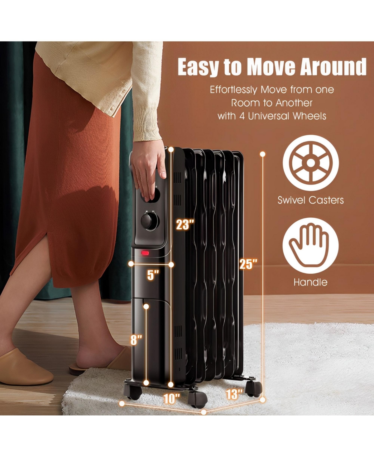 Skonyon 1500W Oil Filled Portable Radiator Space Heater with Adjustable Thermostat- Black