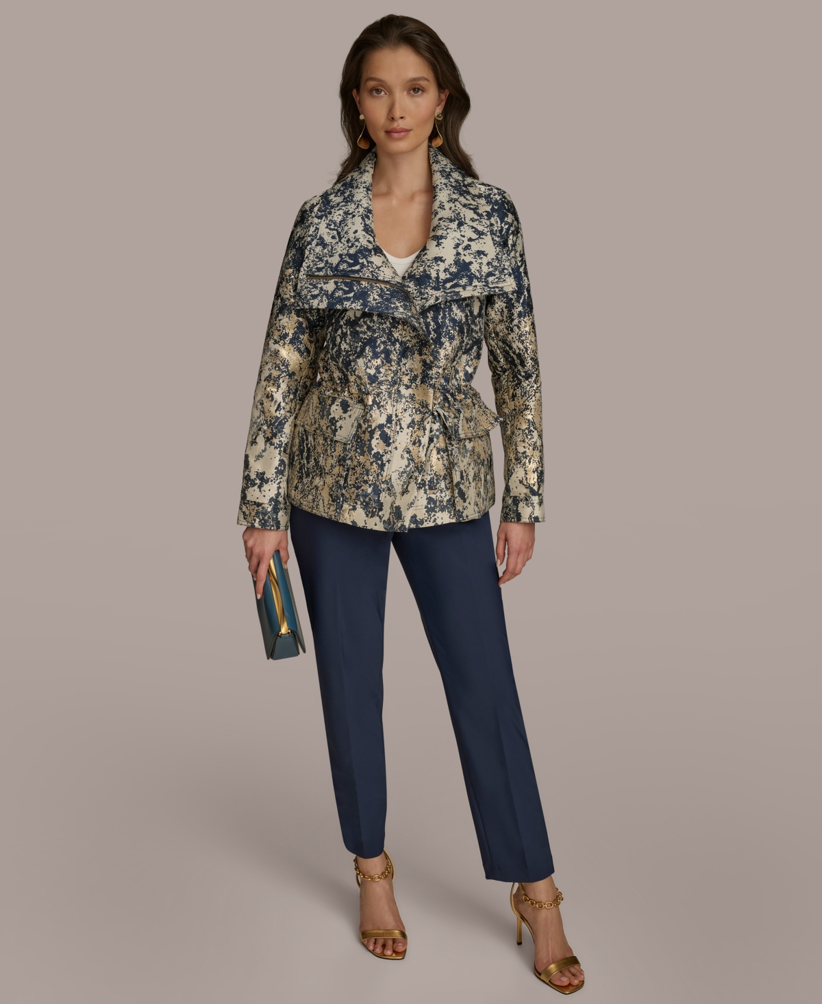 Donna Karan New York Women's Metallic Jacquard Zip-Front Jacket -Navy Blue/Pearl