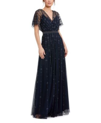 MAC DUGGAL 深めV ネックコラム ロングドレス Silver Silver Embellished V Neck Butterfly Sleeve Column Gown - Mac