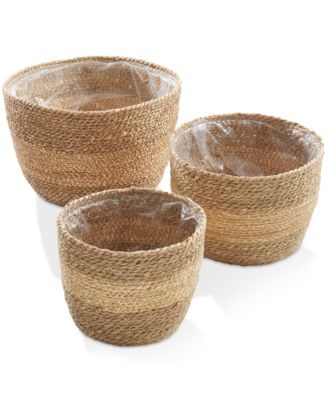 Set of 3 Seagrass Planter Baskets - Two-Tone, Hand Woven Indoor Flower Pot Covers with Liners for Plants, Succulents, Home Decor