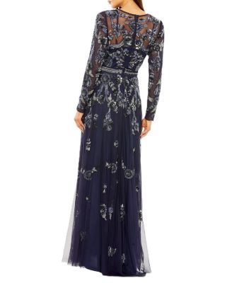 Women's Long Sleeve High Neck Floral Beaded A-line Mesh Gown