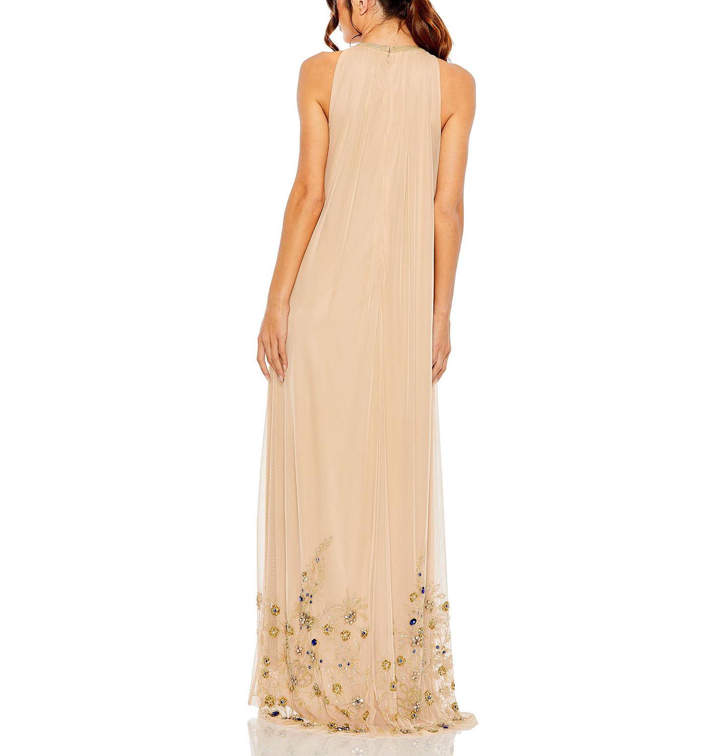 Женское платье Mac Duggal High Neck Floral Embellished Trapeze Gown, цвет: Телесный золотой — фото 6