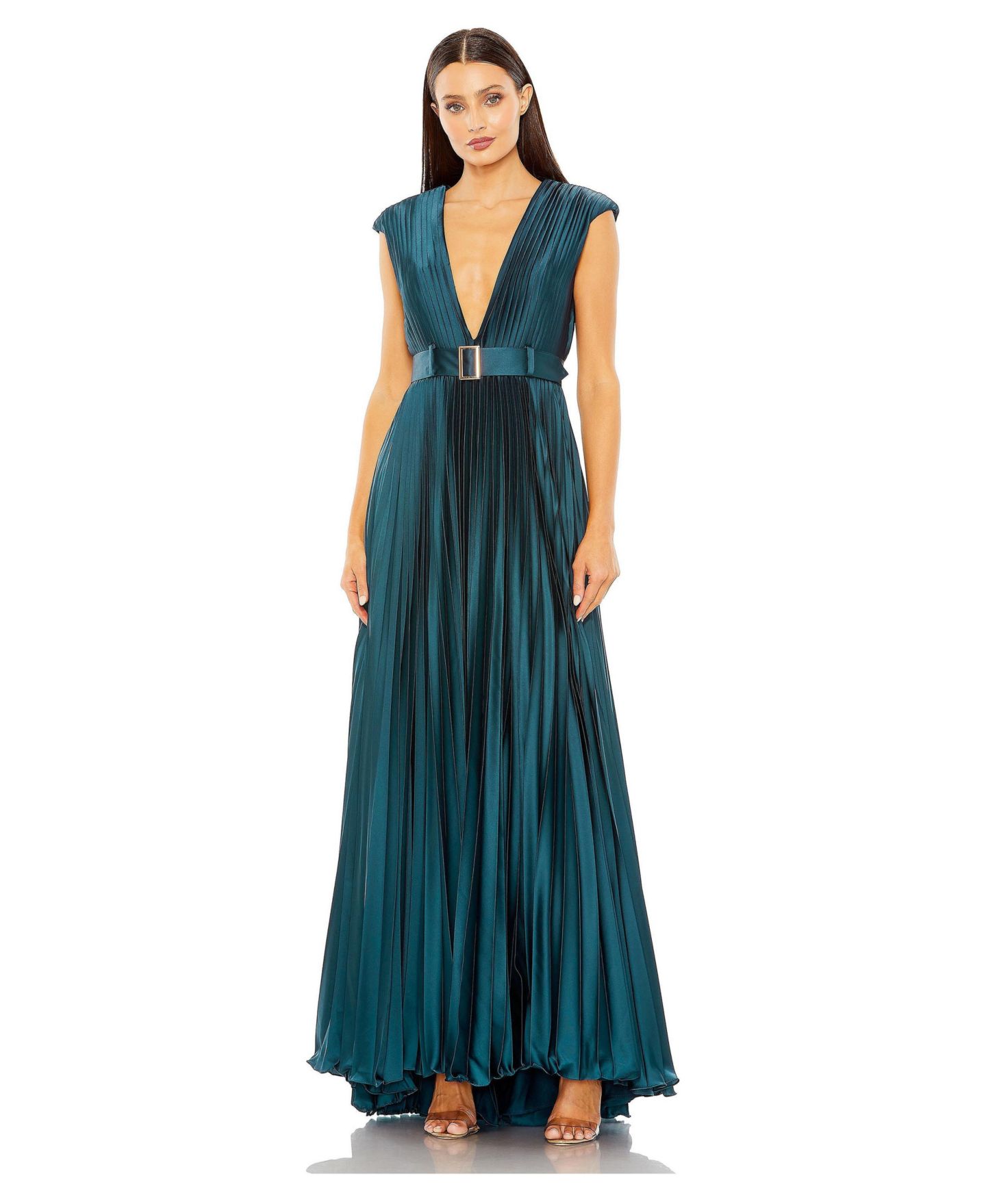 Женское платье Mac Duggal Pleated Plunge Neck Belted A Line Gown, цвет: Тёмно-синий — фото 1
