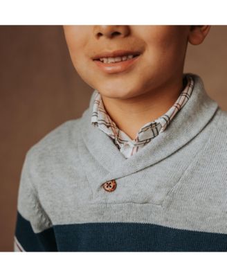 Boys Organic Long Sleeve Shawl Collar Sweater with Engineered Stripe