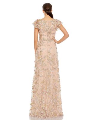 Women's Embroidered Applique Wrap Over Flutter Sleeve Gown