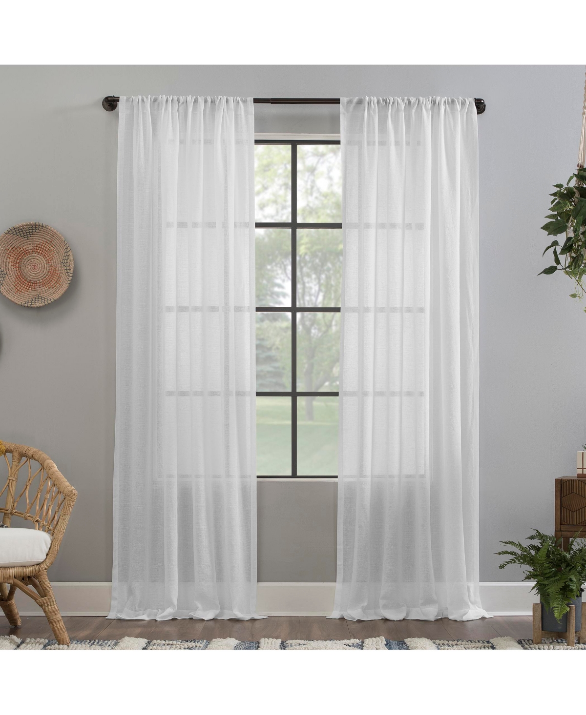 Crushed Texture Anti-Dust Sheer Linen Blend Curtain Panel - White
