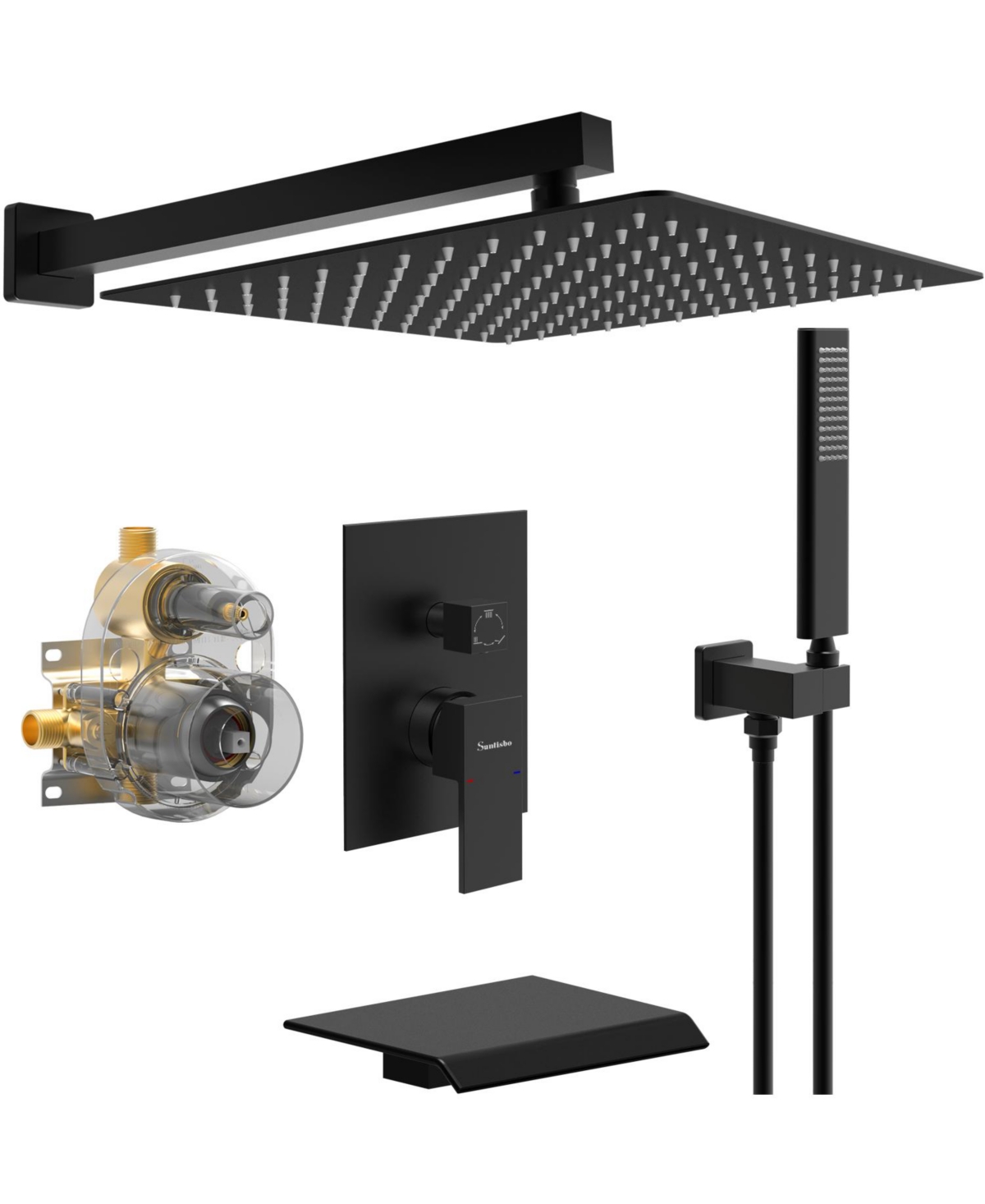 Waterfall Tub and Shower Faucet Set For Rain Shower System - Black