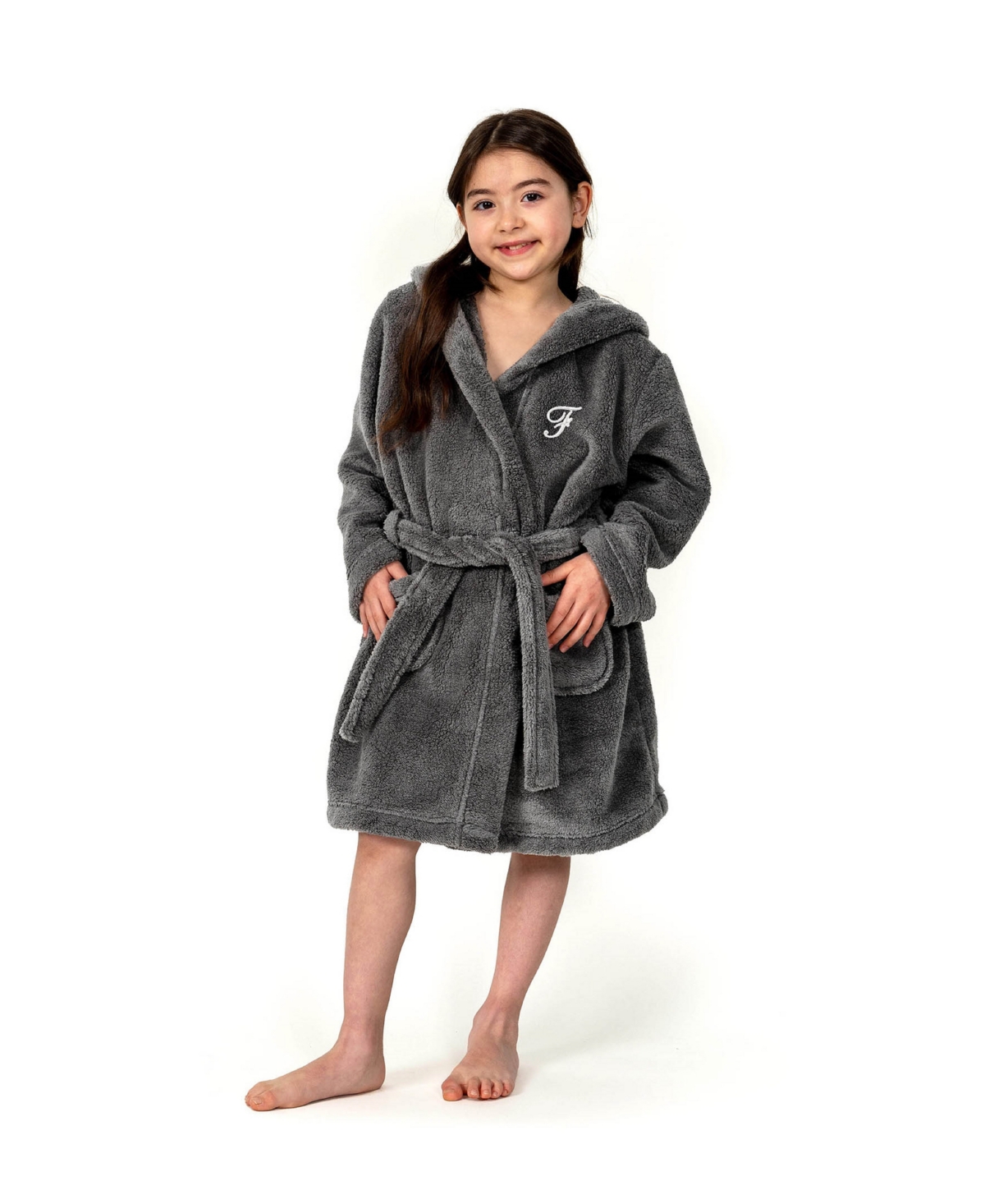 Linum Home Personalized Kids Super Plush Hooded Bathrobe In F Grey,white