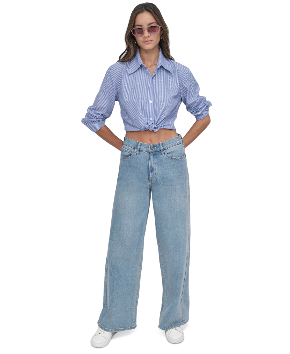 DKNY JEANS PETITE COTTON BUTTON-FRONT STUDDED SHIRT 