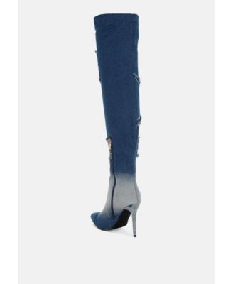 Womens Eilish Rhinestones Knee High Denim Boots