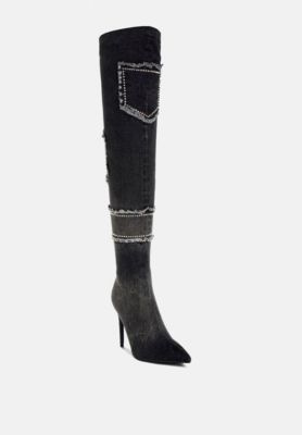 Womens Eilish Rhinestones Knee High Denim Boots