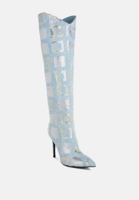 Womens Sharmin Checkered Sequin Knee High Boots