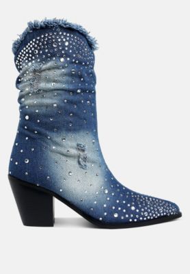 Womens Savant Diamante & Rhinestones Denim Boots
