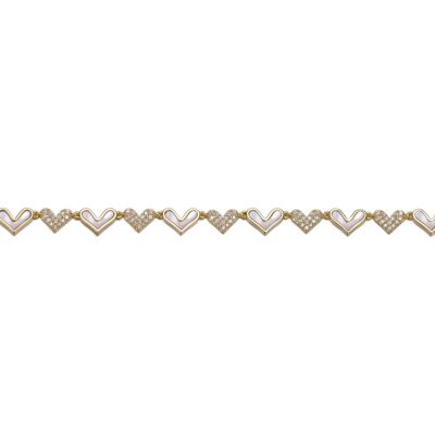 Sterling Silver 14K Gold Plated Heart Cubic Zirconia and Mother of Pearl Link Bracelet.