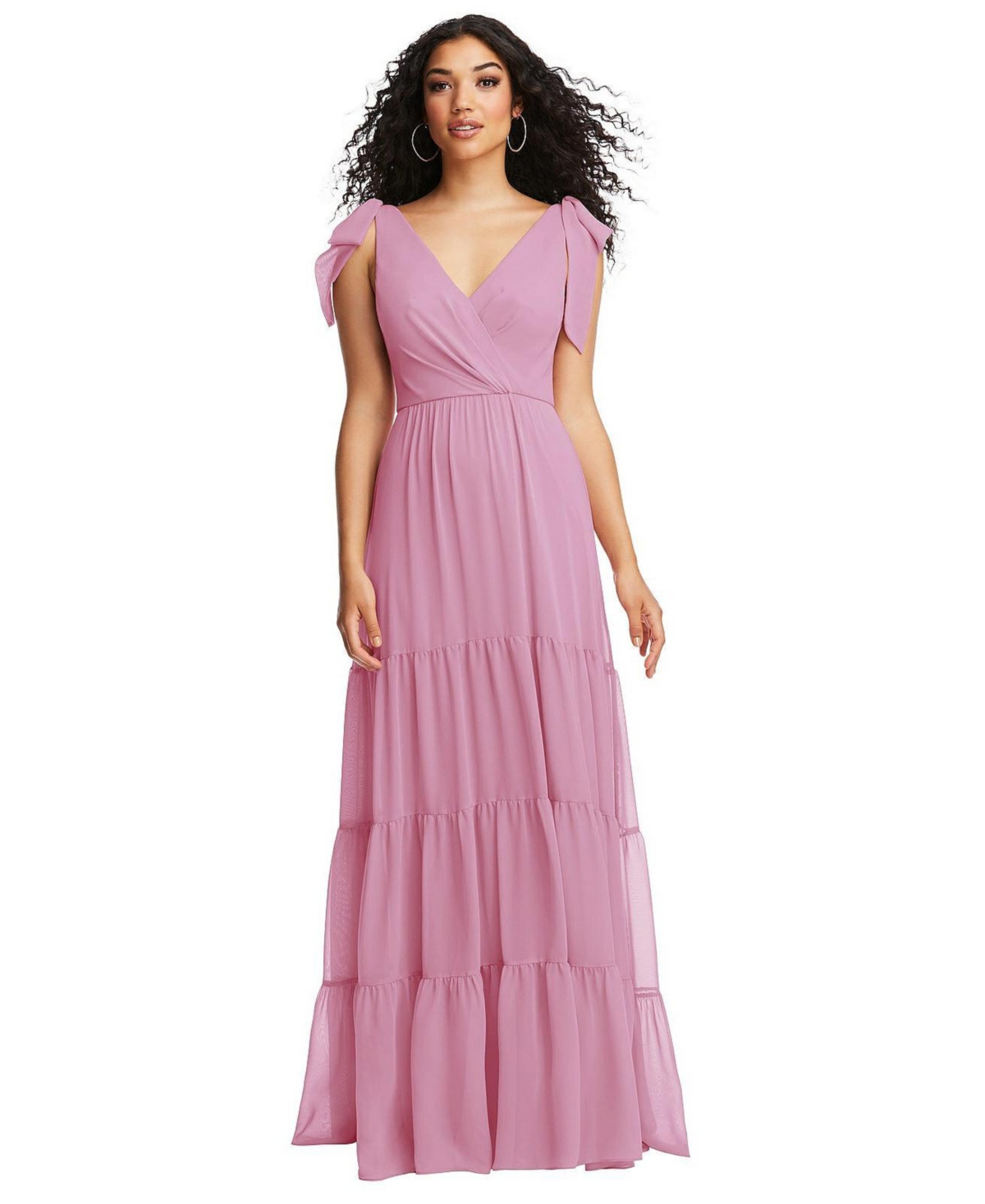 Dessy Collection Plus Size Bow-Shoulder Faux Wrap Maxi Dress with Tiered Skirt