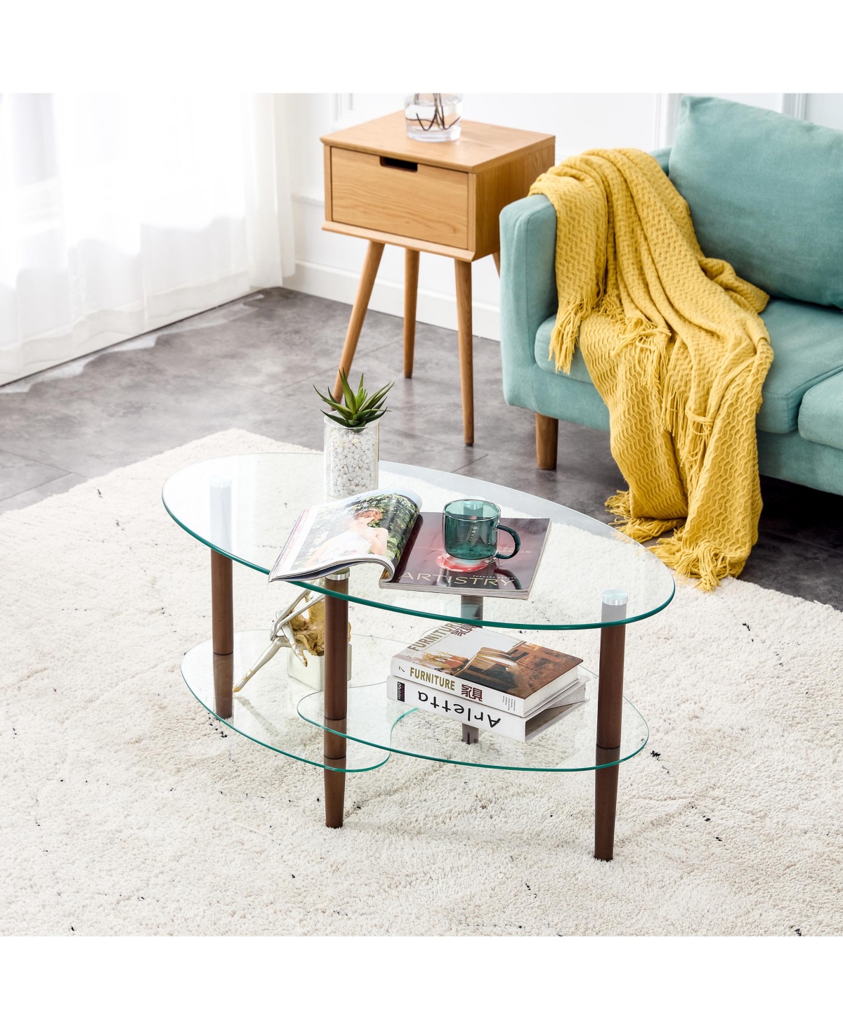 Slickblue Modern Transparent Oval Glass Coffee Table with Oak Wood Legs 3-Layer Living Room Tea Table