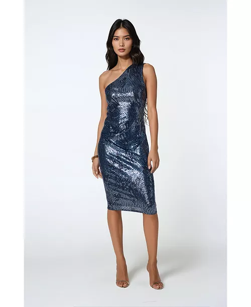 women's zebra sequin one shoulder midi dress