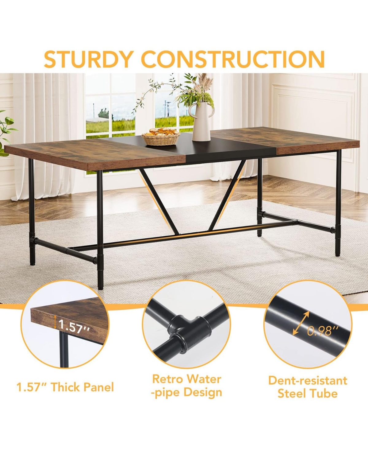 Tribesigns 70.8 x 35.4 inch Large Dining Table for 6-8, Industrial Rustic Kitchen Dining Room Table, Rectangle Dinner Table with Tube Metal Frame for