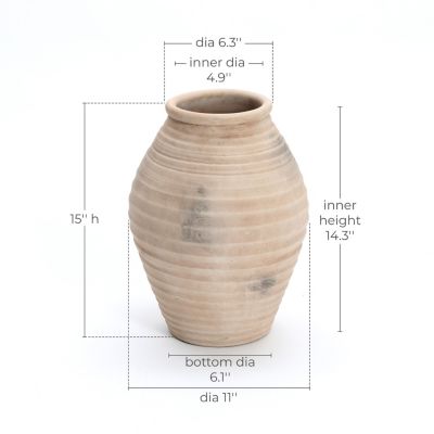 Rustic Terracotta Vase with Ribbed Texture, 15'' Tall Brown Accent for Shelves & Tabletops