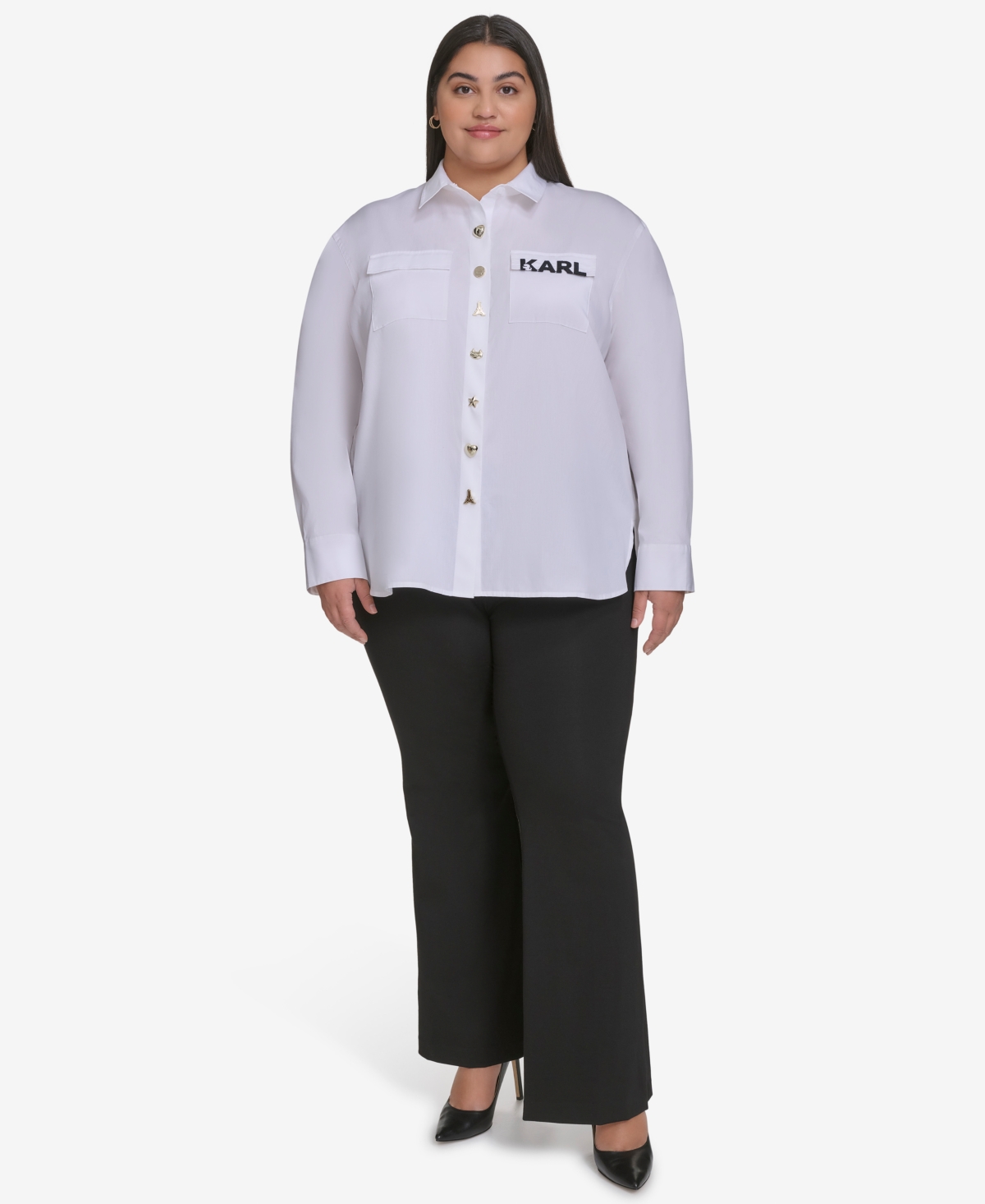 KARL LAGERFELD PLUS SIZE COTTON POPLIN MOTIF BUTTON-UP SHIRT, EXCLUSIVELY AT MACY'S 