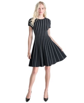 DKNY - Women's Contrast-Piped Jewel-Neck Fit & Flare Dress