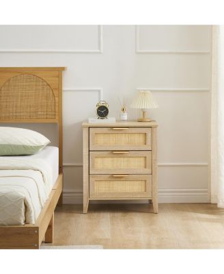 Nightstand Set of 2, Rattan End Table, Rattan Nightstand Boho Cabinet with 3 Natural Rattan Drawers