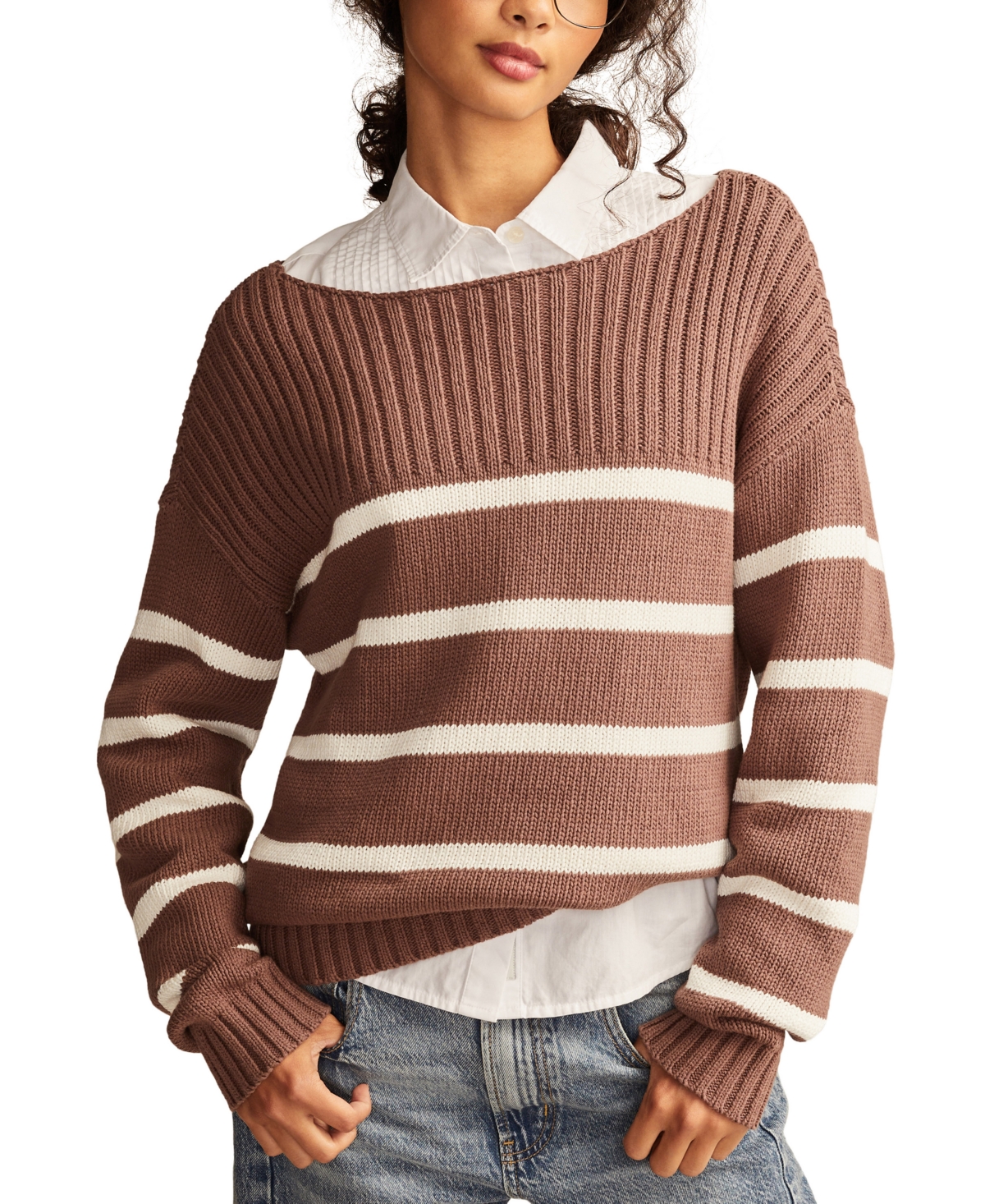 Shop Lucky Brand Women's Striped Boat-neck Sweater In Deep Taupe Stripe