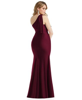 Women's Cascading Bow One-Shoulder Stretch Satin Mermaid Dress with Slight Train