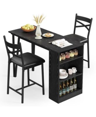3-Piece MDF & Metal Frame Foldable Top with 3-Layer Shelves and Upholstered Chairs Counter Height Bar Table Set