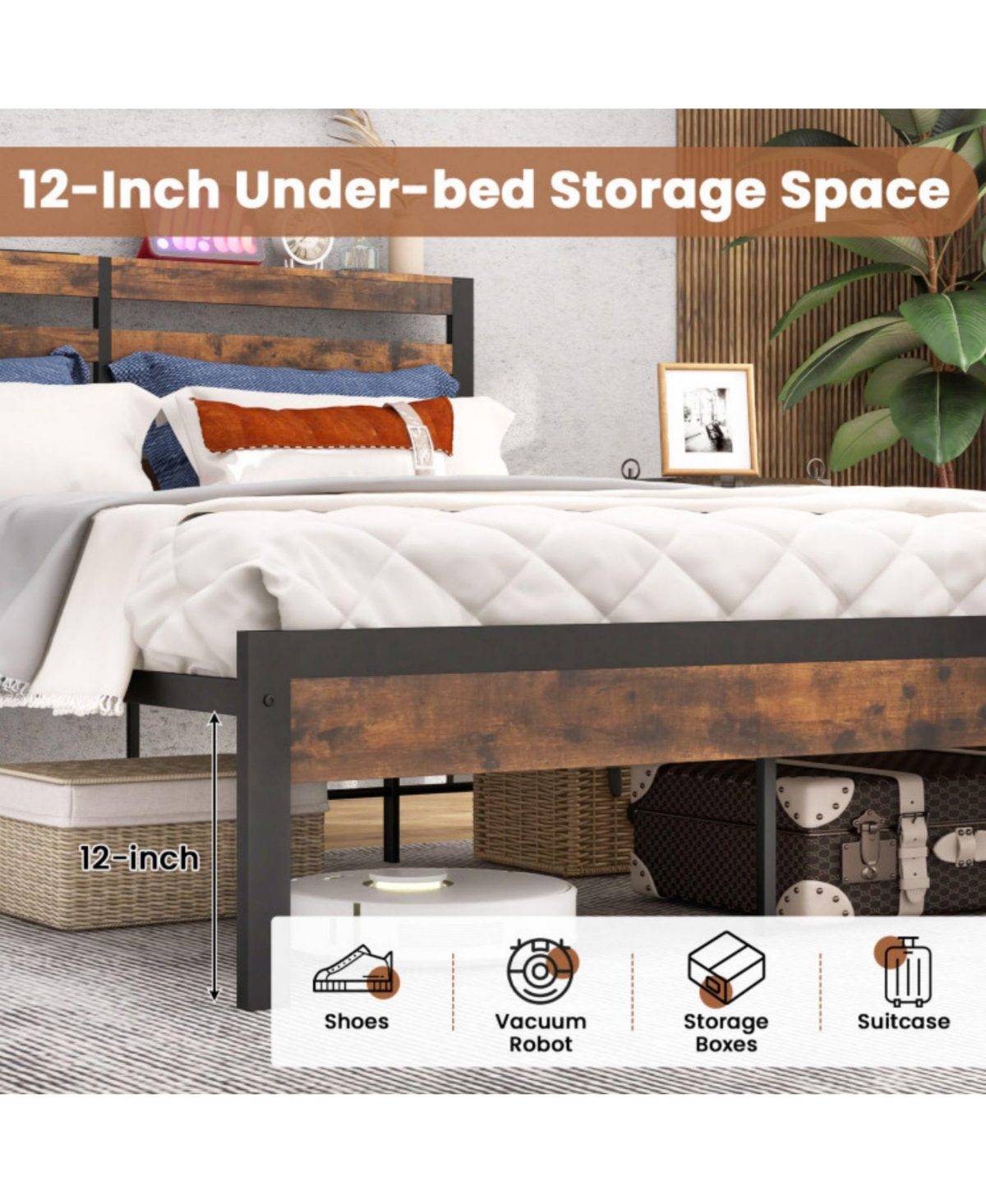 Sugift Queen Size Bed Frame with Charging Station and Storage Headboard