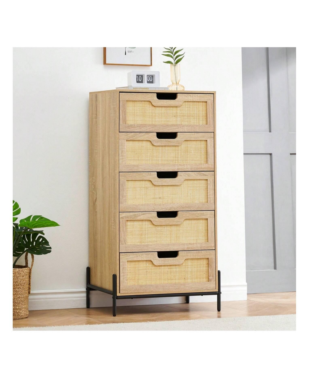 gaomon Modern Rattan 5 Drawers Dresser, Double Dresser For Bedroom, Chest Of Drawers Closet Organizers And Storage Clothes For Bedroom Living Room Hal