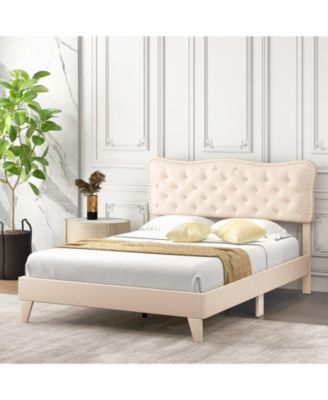 Queen Size Bed Frame with Nail Headboard and Wooden Slats