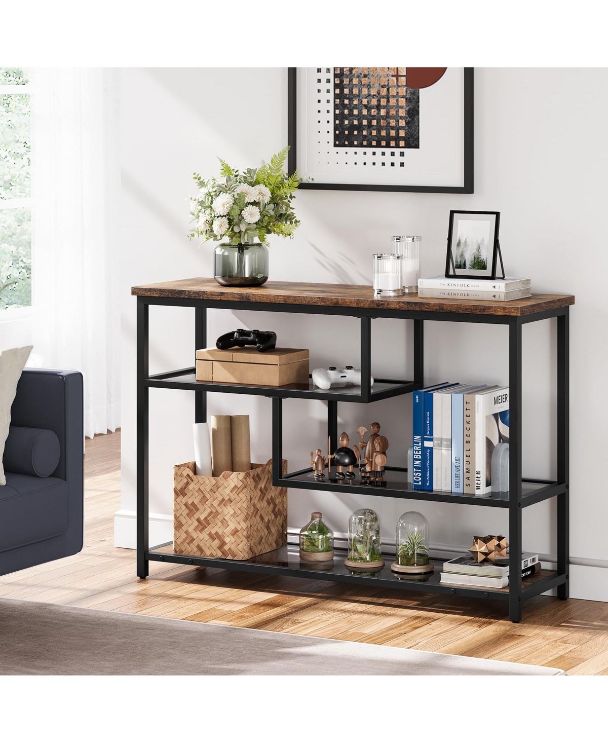 gaomon Console Table, 4-Tier Sofa Tables Narrow Entryway Table with Glass Shelf and Metal Frame