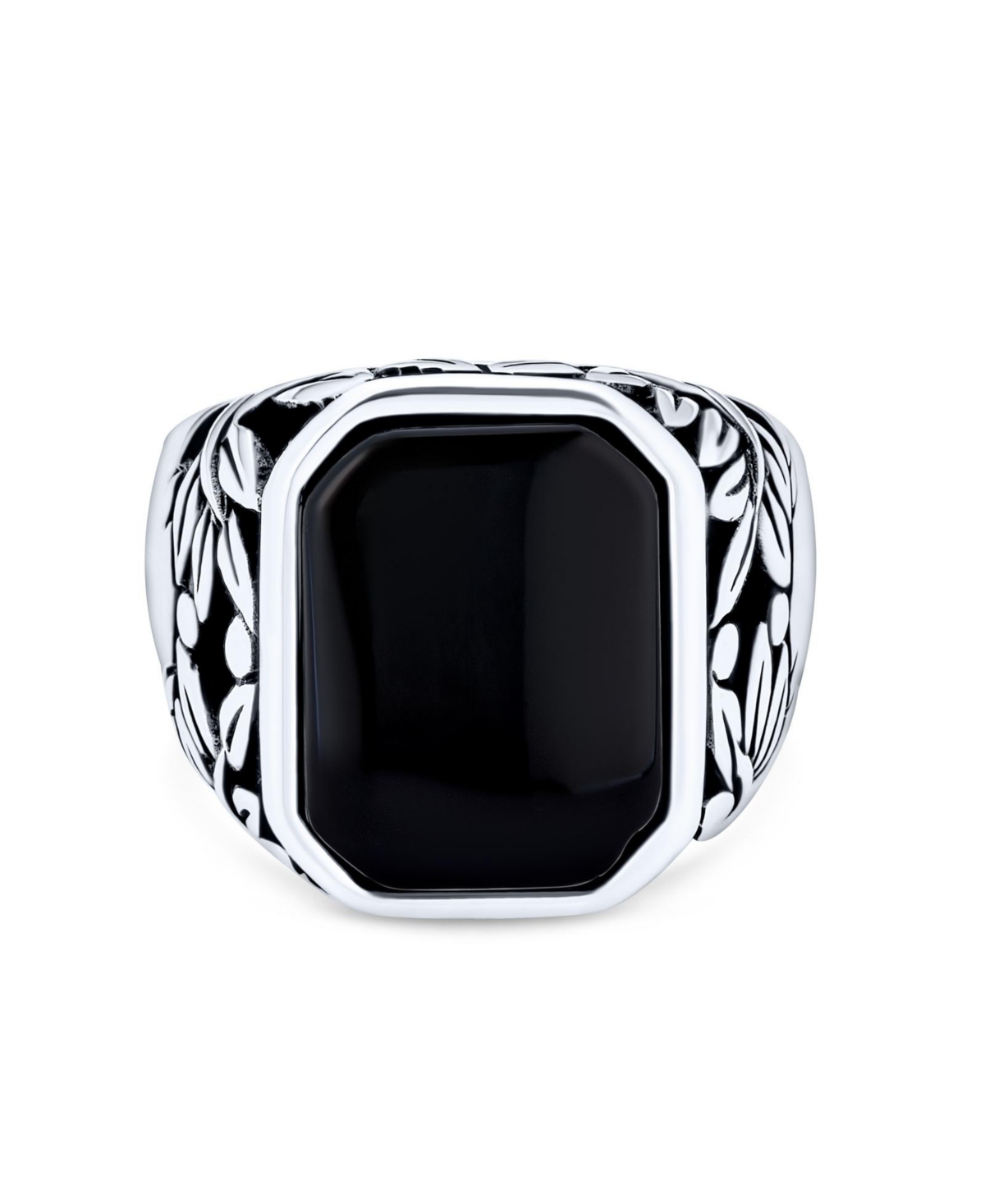 Bling Jewelry Leaf Vine Accent Black Onyx Octagon Rectangle Signet Ring Heavy Oxidized .925 Sterling Silver