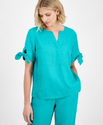 Charter Club - Linen Split-Neck Tie-Cuff Top