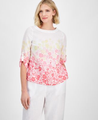 Charter Club - Petite Linen Floral 3/4-Sleeve Top