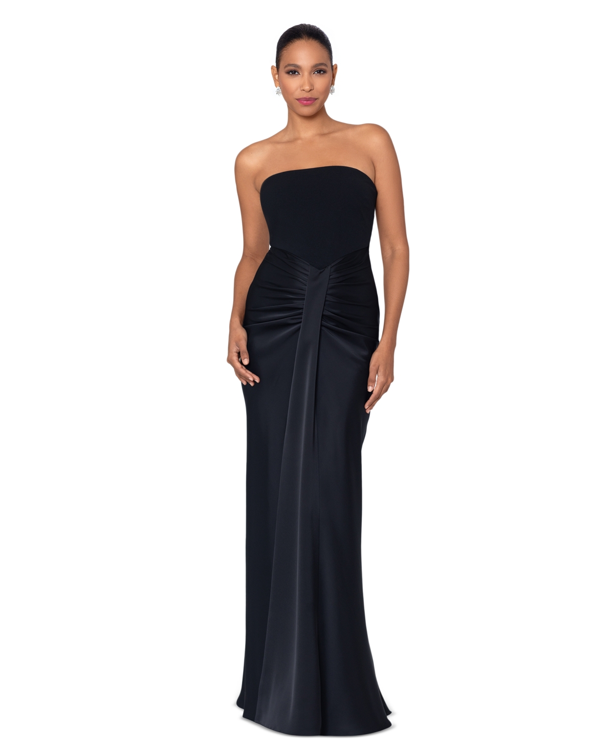 Shop Betsy & Adam Petite Strapless Drape-front Satin Gown In Black