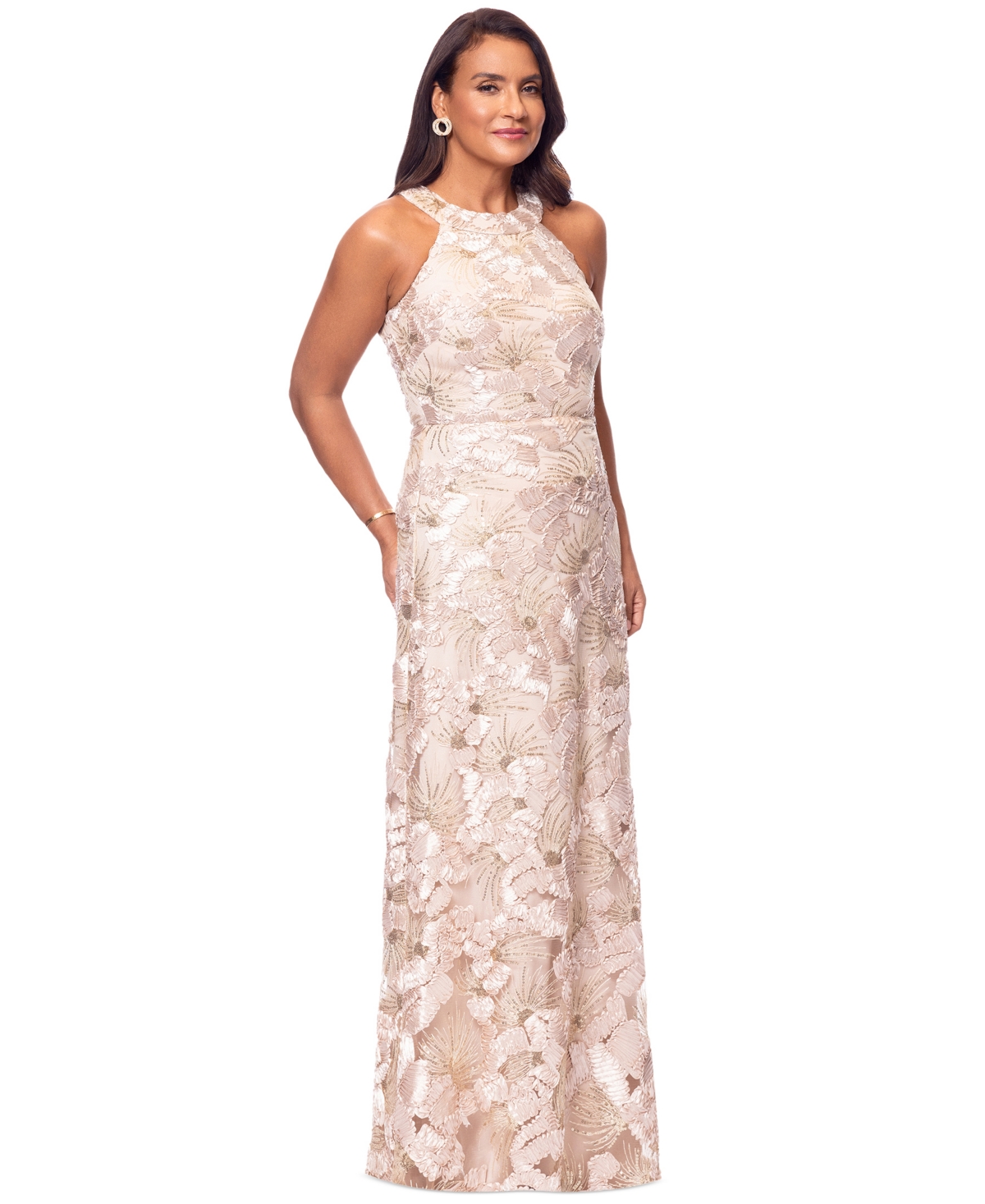 Betsy & Adam Petite Sleeveless Floral Sequin Sheath Gown In Champagne