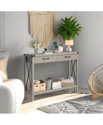 Console Table with 2 Drawers, Farmhouse Sofa Table with Storage Shelf, Accent Wood Entryway Table