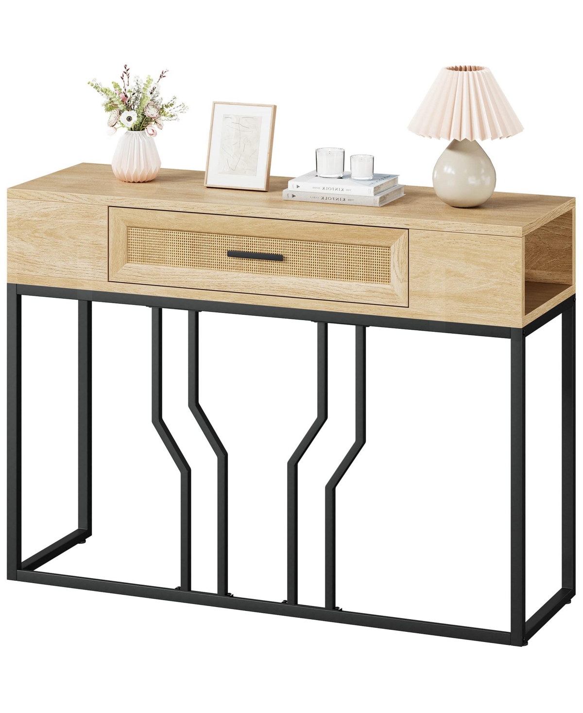 gaomon Console Table, Sofa Tables Rattan Entryway Table with Storage Drawer -pastel Brown