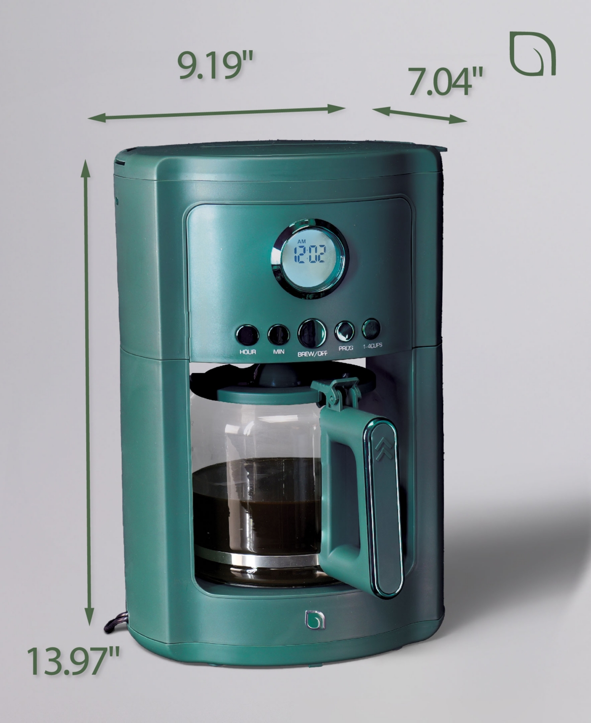 Willow Kitchen 12 Cup Coffee Maker – Programmable Brewing Options With Timer, Beautiful Design, Glass Pot In Green