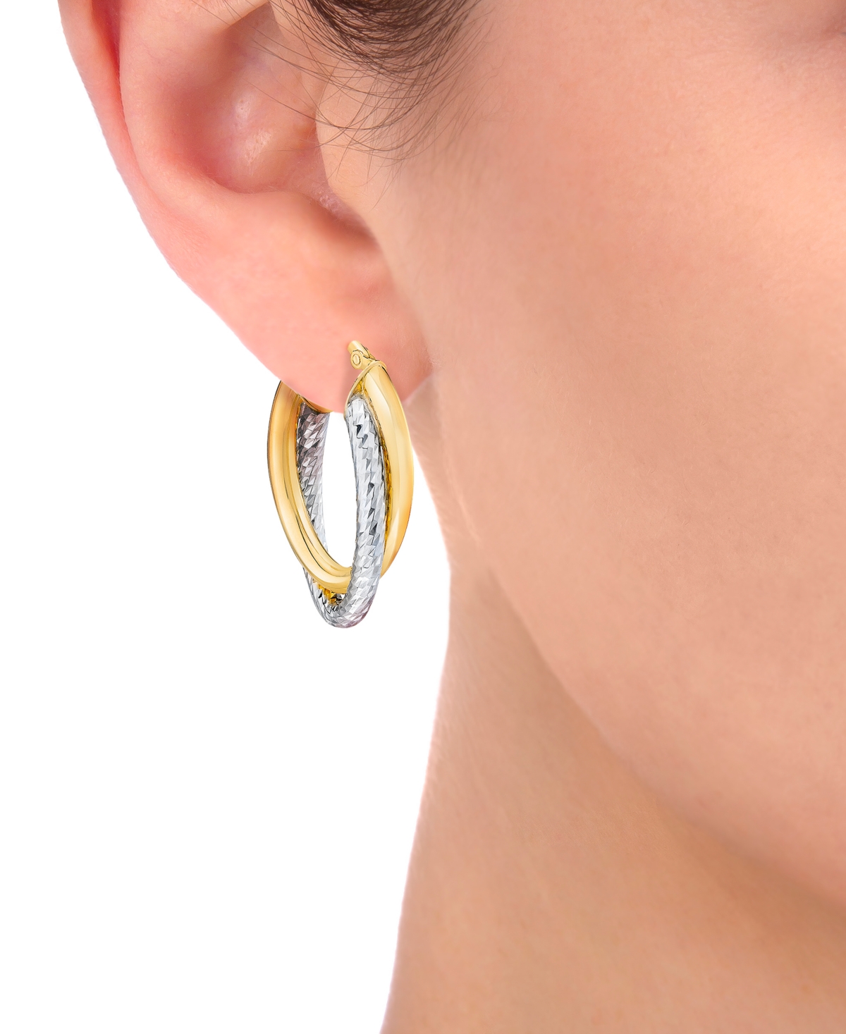 Macy's Polished & Diamond Cut Double-row Oval Bypass Hoop Earrings In 14k Yellow & White Gold In Two-tone